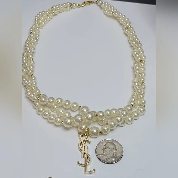 Vintage Faux Pearl Necklace, Gold YSL Zipper Pull - Picture 4 of 5